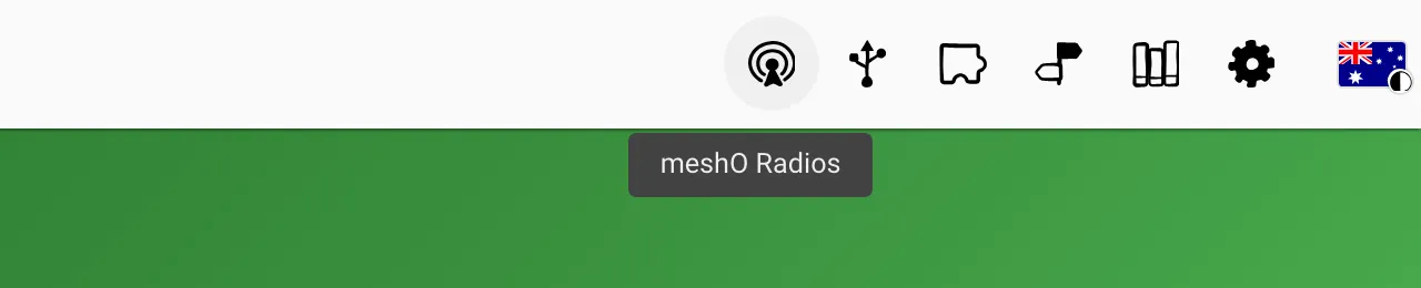 The top right of the meshO Manager events list: a row of icons, with the first one, a radio tower, highlighted and a tooltip under it reading meshO Radios.