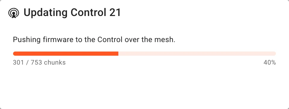 The Updating Control 21 dialog: Pushing firmware to the Control over the mesh, with a progress bar.