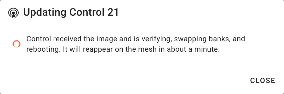 The Updating Control 21 dialog with a spinner: Control received the image and is verifying, swapping banks, and rebooting. It will reappear on the mesh in about a minute. A Close button.