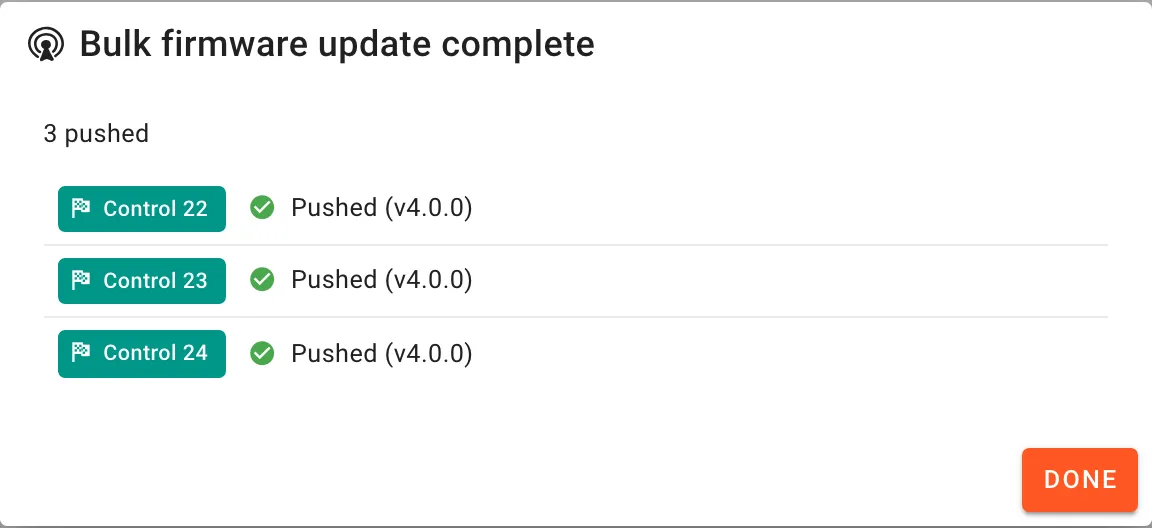 The Bulk firmware update complete dialog: 3 pushed. Controls 22, 23 and 24 each Pushed (v4.0.0). A Done button.