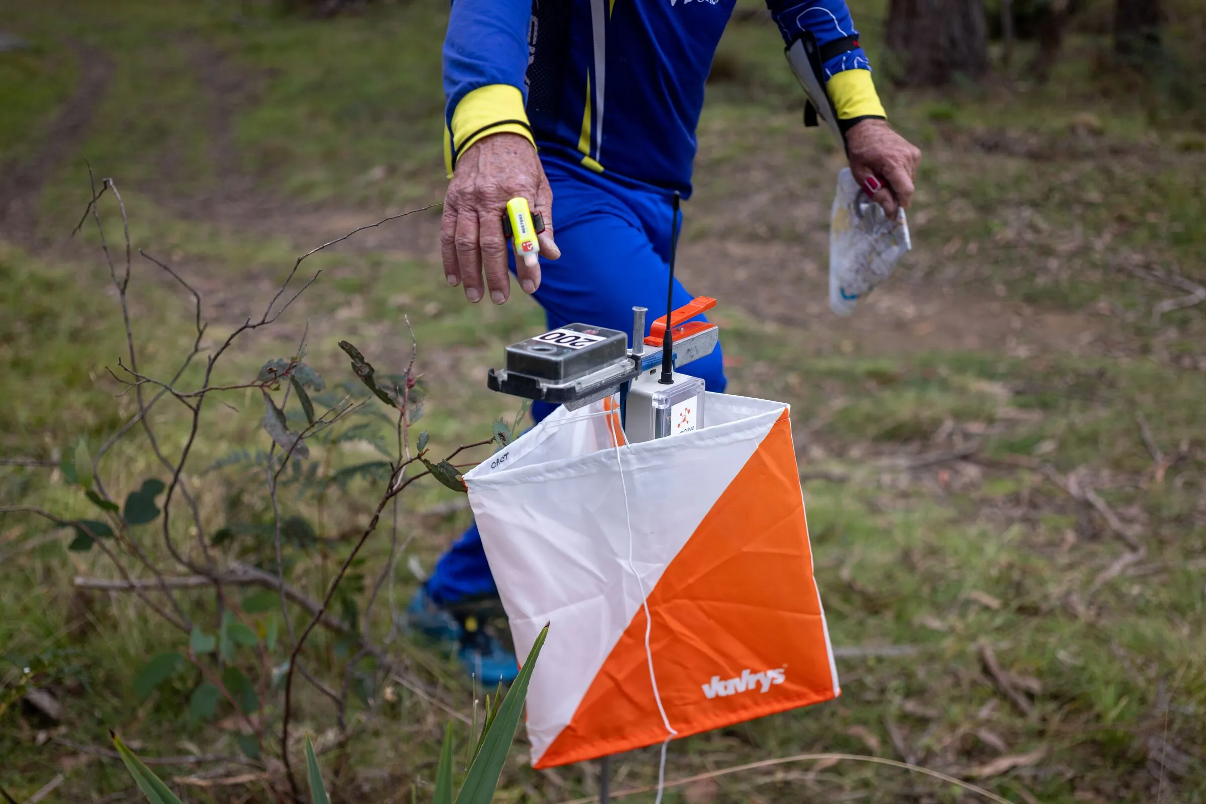 A competitor punching at a control fitted with a meshO Control radio unit