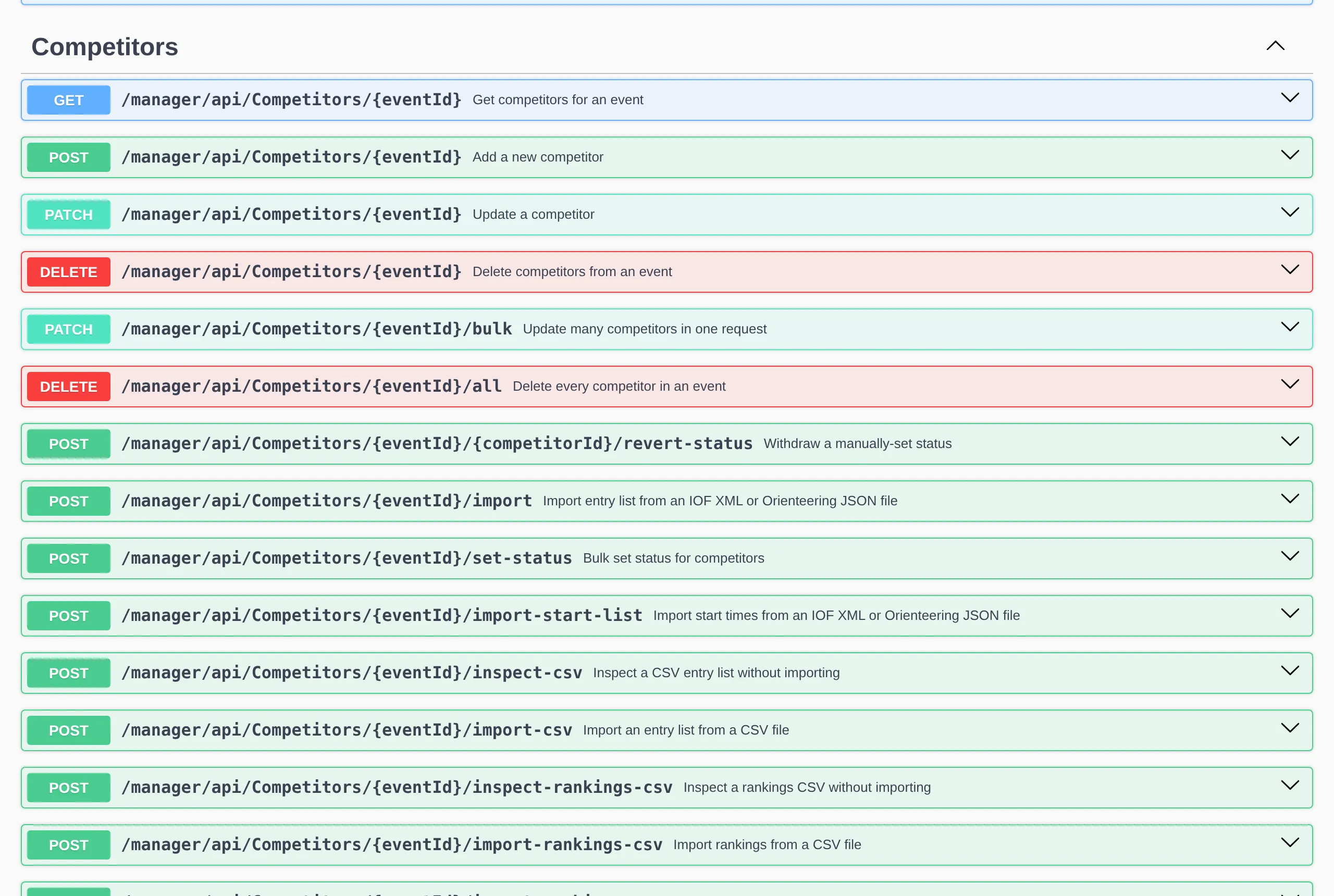 The Swagger page of meshO Manager listing the Competitors endpoints: GET, POST, PATCH and DELETE on /manager/api/Competitors/{eventId}, plus bulk update, delete all, revert status, import, set-status, import start list and the CSV imports.