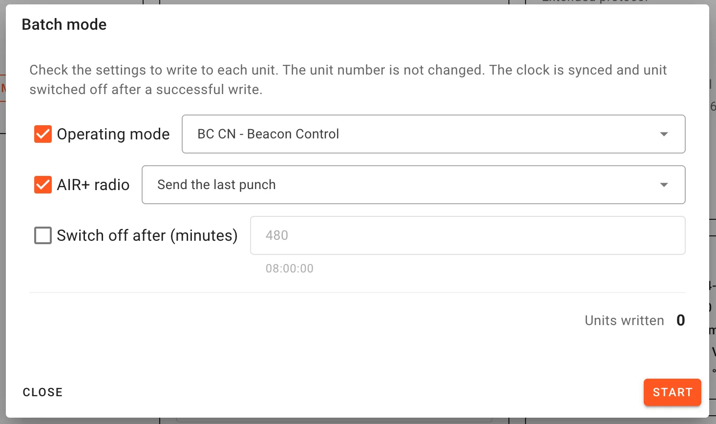 meshO Manager Batch mode dialog with Operating mode set to BC CN Beacon Control and AIR+ radio set to Send the last punch, both ticked to be written to each unit.