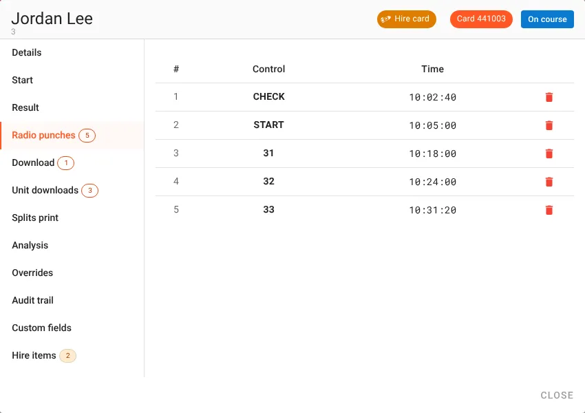 The Edit competitor dialog for Jordan Lee, marked On course, on the Radio punches tab: CHECK at 10:02:40, START at 10:05:00, control 31 at 10:18:00, control 32 at 10:24:00 and control 33 at 10:31:20.