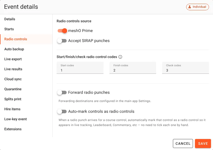 The Event details dialog on its Radio controls tab: meshO Prime switched on, and start, finish and check radio control codes of 1, 2 and 3.