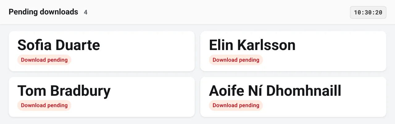The Pending downloads info screen with four large name cards, each marked Download pending.