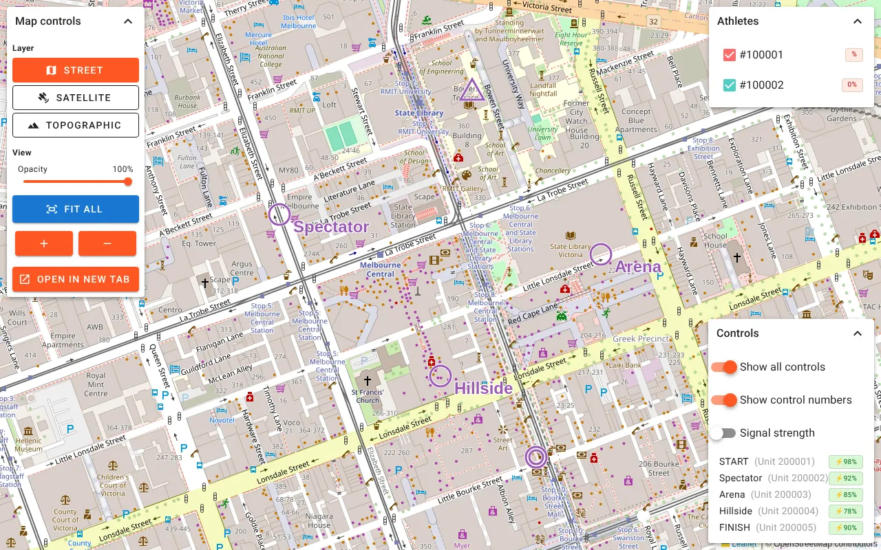 Live View in meshO Manager: a street map with the Spectator, Arena and Hillside radio controls, the start triangle and the finish circles marked, a Map controls panel with Street, Satellite and Topographic layers and Open in new tab, an Athletes panel and a Controls panel listing each unit with its battery.