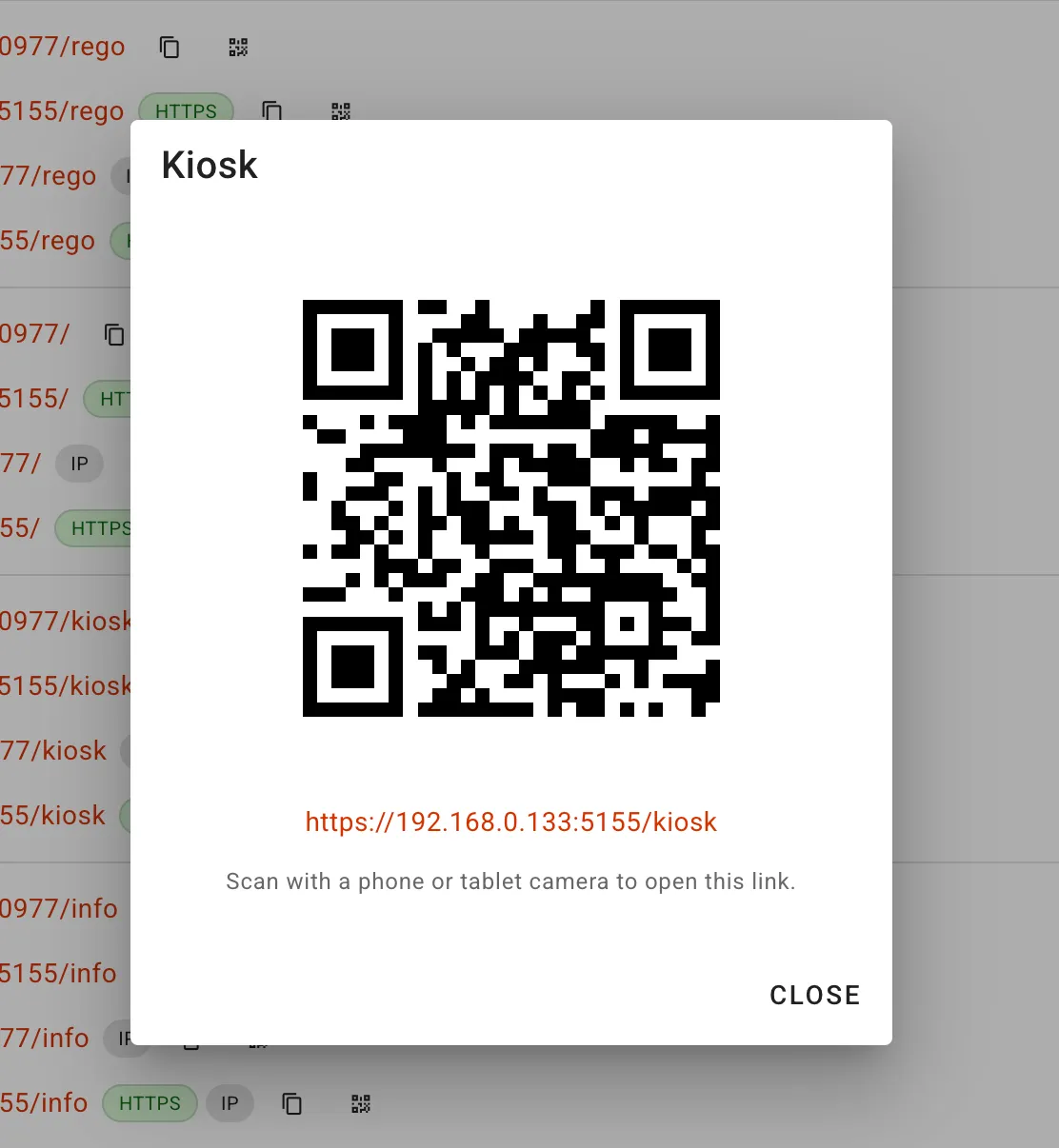 The Server page in meshO Manager with a Kiosk dialog open, showing a large QR code above the link https://192.168.0.133:5155/kiosk and the text “Scan with a phone or tablet camera to open this link.”