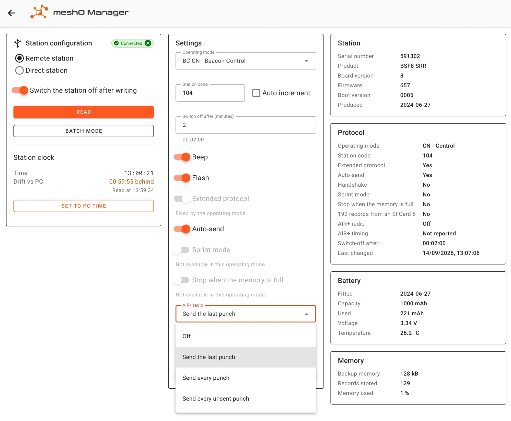 meshO Manager station configuration for the same BSF8 SRR in BC CN Beacon Control mode. The AIR+ radio drop-down is open with Send the last punch selected. The other options are Off, Send every punch and Send every unsent punch.
