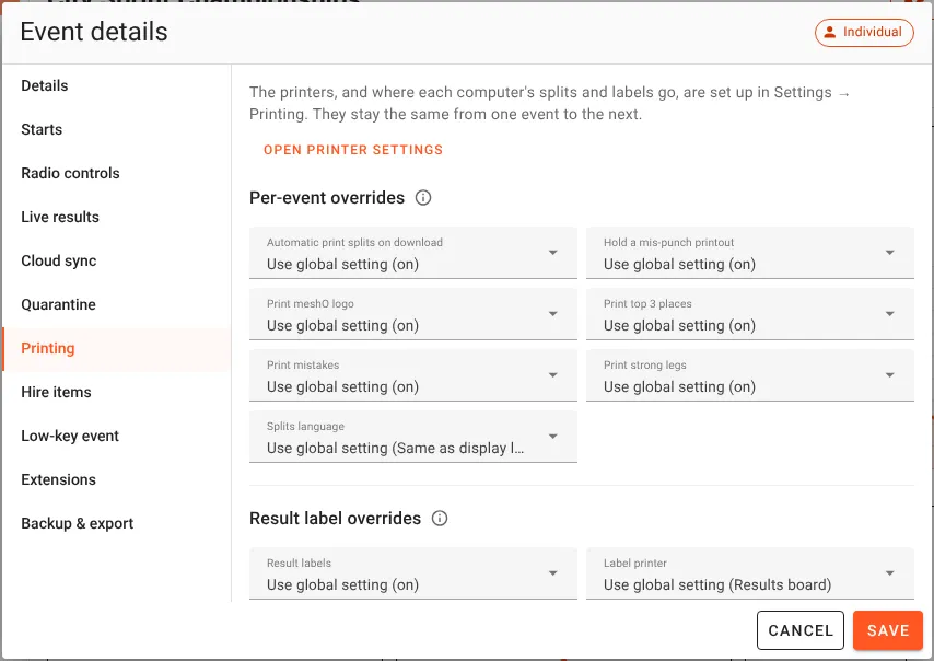 The Event details dialog on its Printing tab. A line says the printers, and where each computer's splits and labels go, are set up in Settings, Printing, and stay the same from one event to the next, with an Open printer settings button. Per-event overrides: Automatic print splits on download, Hold a mis-punch printout, Print meshO logo, Print top 3 places, Print mistakes, Print strong legs and Splits language, each on Use global setting. Result label overrides: Result labels and Label printer, each on Use global setting.