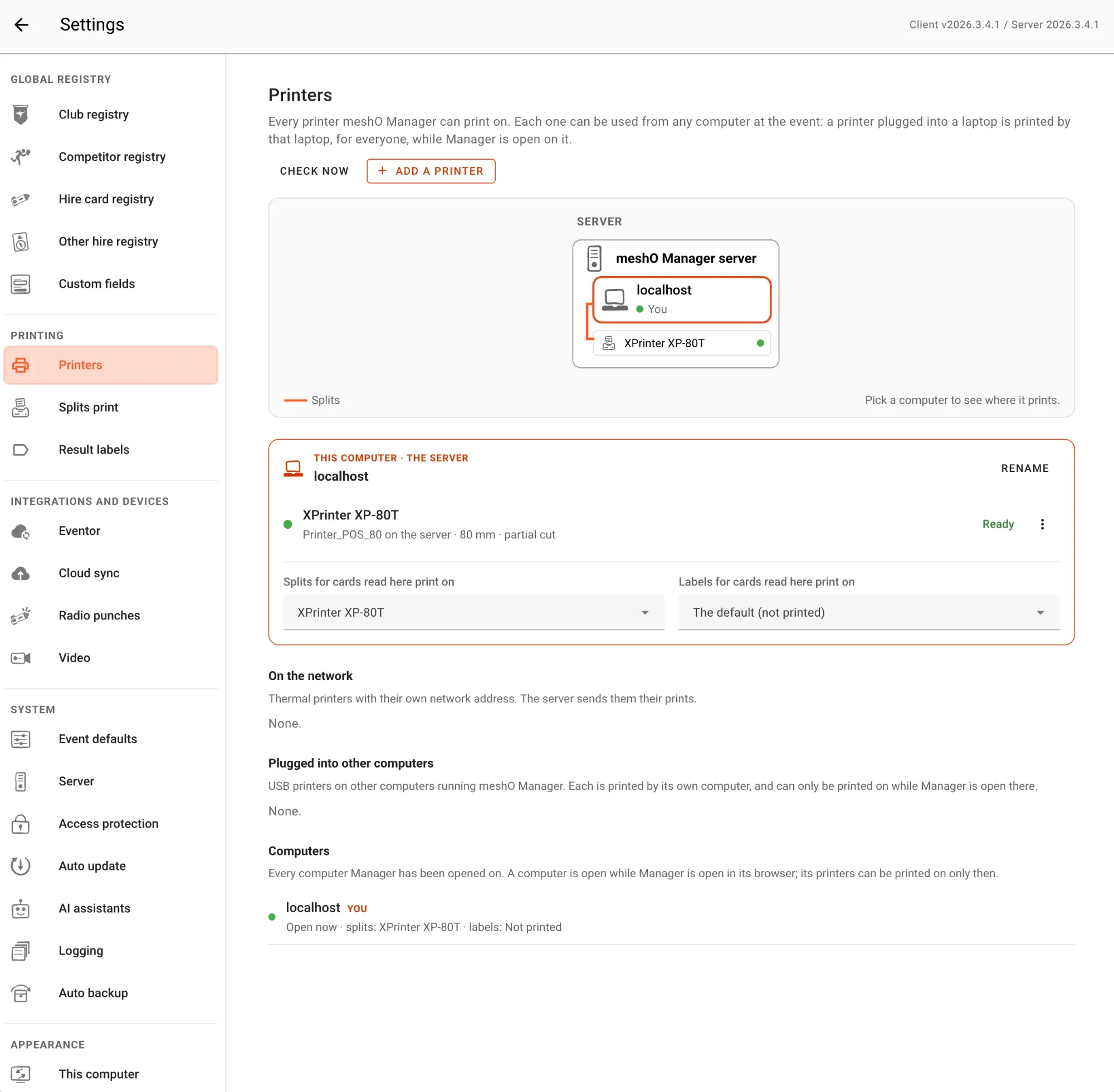 Settings, Printing, Printers on a server with one printer. The map shows only the server, with the server's own browser, localhost, marked You, outlined in orange, and an XPrinter XP-80T inside it with a green dot. An orange line joins localhost to the printer. Below, This computer, the server: localhost, with the XPrinter XP-80T, Printer_POS_80 on the server, 80 mm, partial cut, Ready, and Splits for cards read here print on XPrinter XP-80T. The sections On the network and Plugged into other computers say None. Computers lists localhost, You, open now, splits on the XPrinter XP-80T.