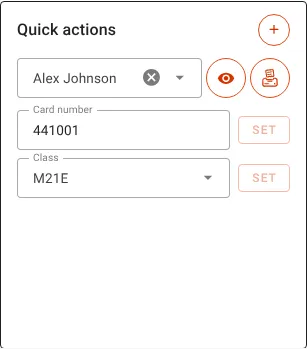 The Quick actions tile on the dashboard with Alex Johnson chosen in the competitor search, an eye button and a printer button beside it, and fields to set the card number and class.