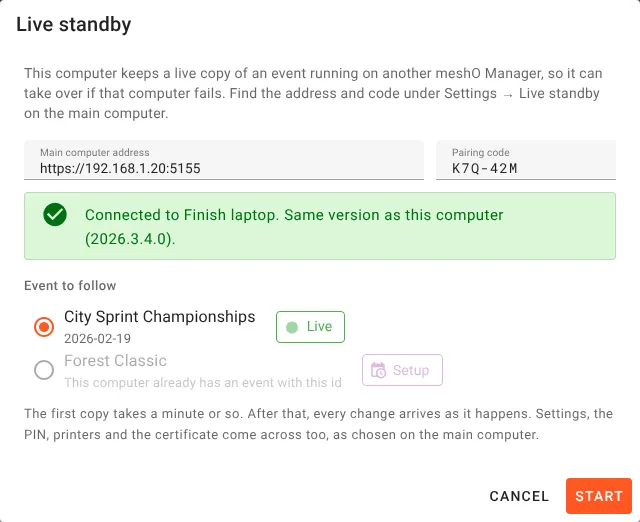 The Live standby dialog. Main computer address https://192.168.1.20:5155 and pairing code K7Q-42M. A green box says Connected to Finish laptop, same version as this computer, 2026.3.4.0. Under Event to follow, City Sprint Championships, 2026-02-19, Live, is chosen, and Forest Classic is greyed out with This computer already has an event with this id. A note says the first copy takes a minute or so, after which every change arrives as it happens, and settings, the PIN, printers and the certificate come across too. Buttons Cancel and Start.