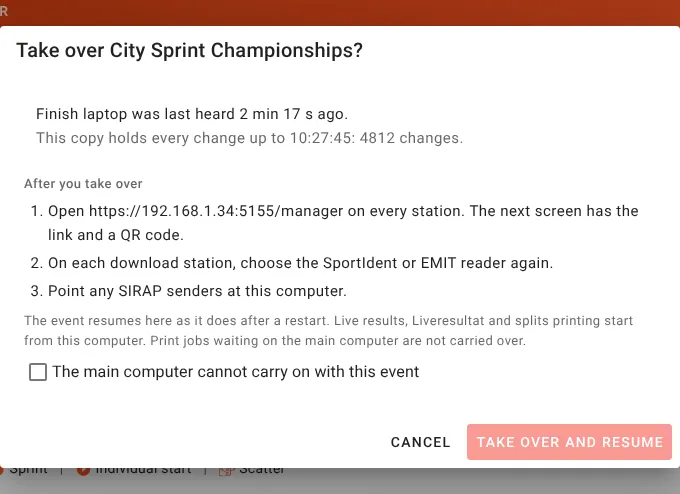 The takeover dialog for an event without meshO Prime, with three steps: open the address on every station, choose the reader again, and point SIRAP senders at this computer.