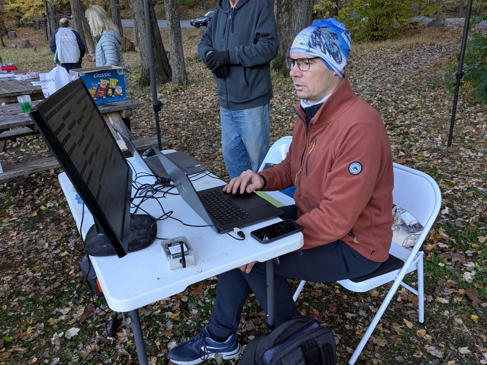 Fedor at the Manager desk with a laptop and the results screen