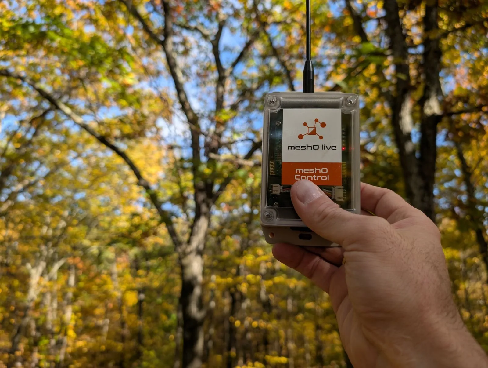 A meshO Control radio held up against autumn trees