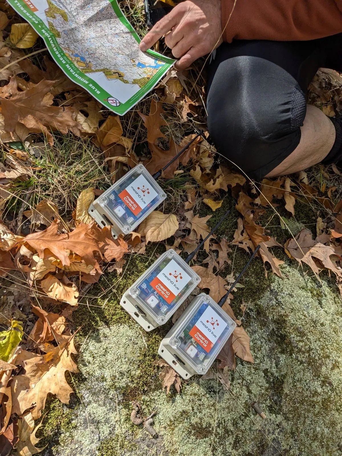 Three meshO Control radios in the leaves beside a map